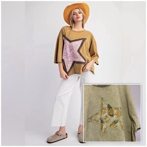 Easel Cotton Jersey Top with Large Front Star Tropical Print Patch Khaki…